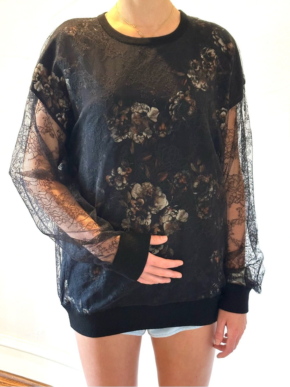 JASON WU NWOT Double Layered Top Silk Sweatshirt Style with Lace Size M🌸